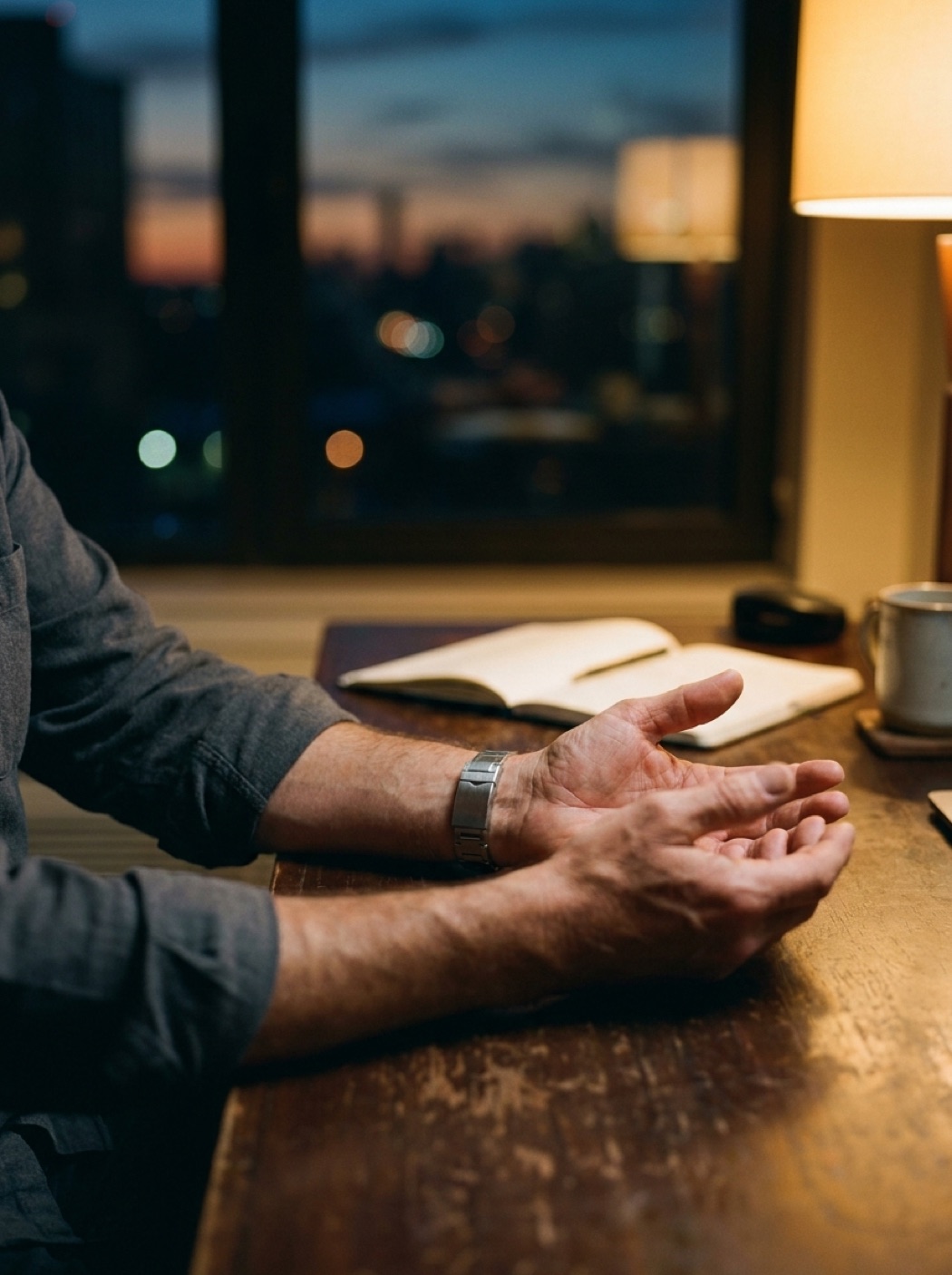 Hands resting still on a desk at dusk